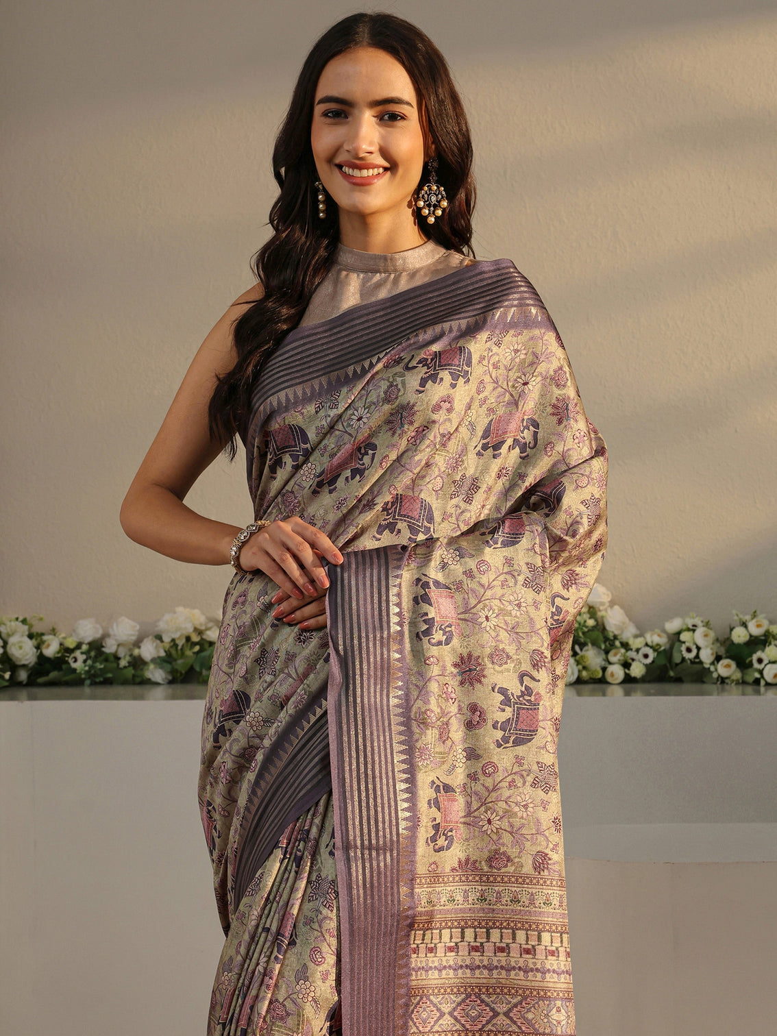 Mameraa Green Ethnic Printed Silk Blend Saree With Unstitched Blouse Piece