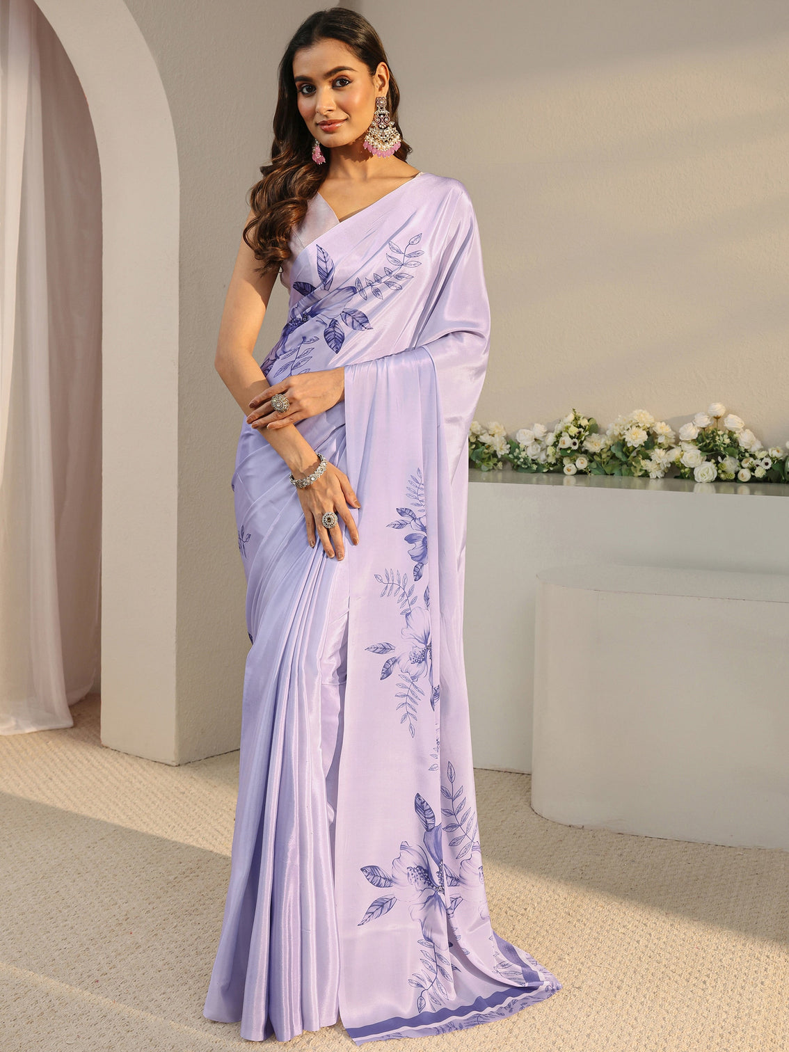 Mameraa Lavender Floral Printed Satin Saree With Unstitched Blouse Piece