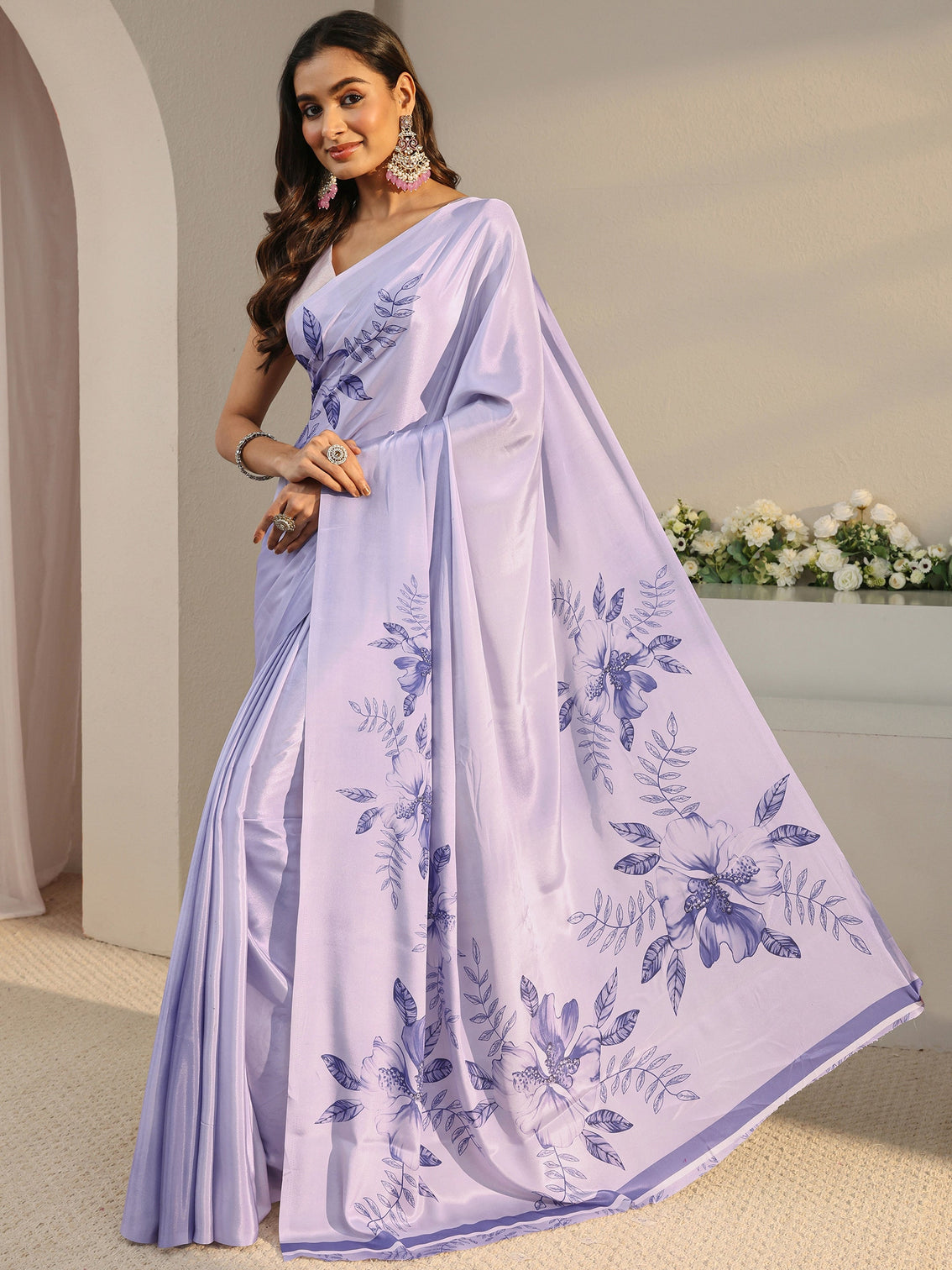 Mameraa Lavender Floral Printed Satin Saree With Unstitched Blouse Piece