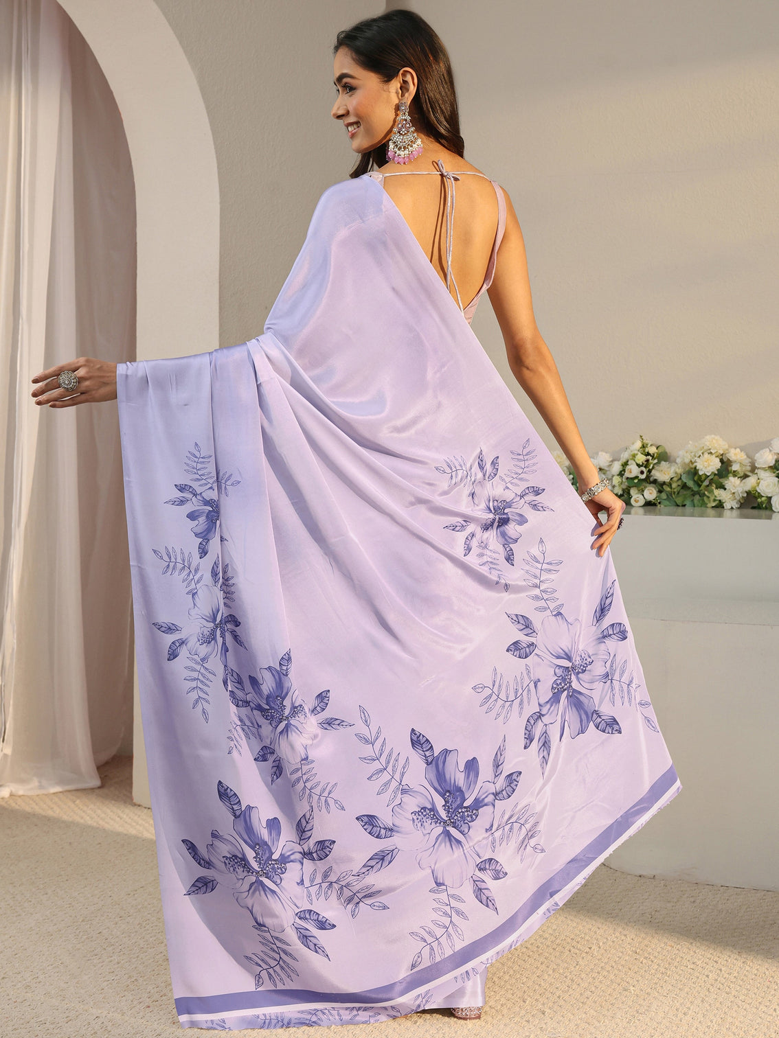 Mameraa Lavender Floral Printed Satin Saree With Unstitched Blouse Piece
