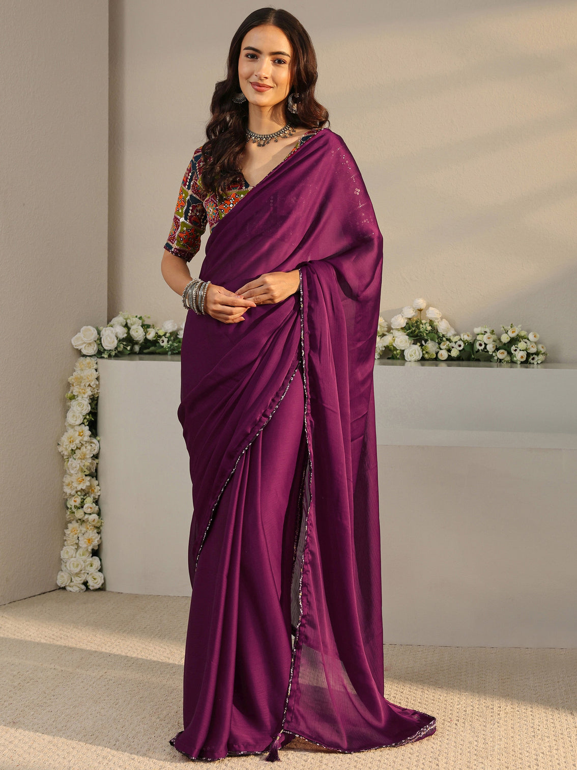 Mameraa Burgundy Solid Chiffon Saree With Unstitched Blouse Piece