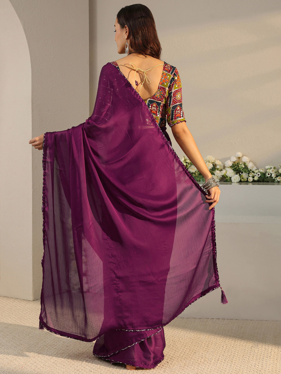 Mameraa Burgundy Solid Chiffon Saree With Unstitched Blouse Piece