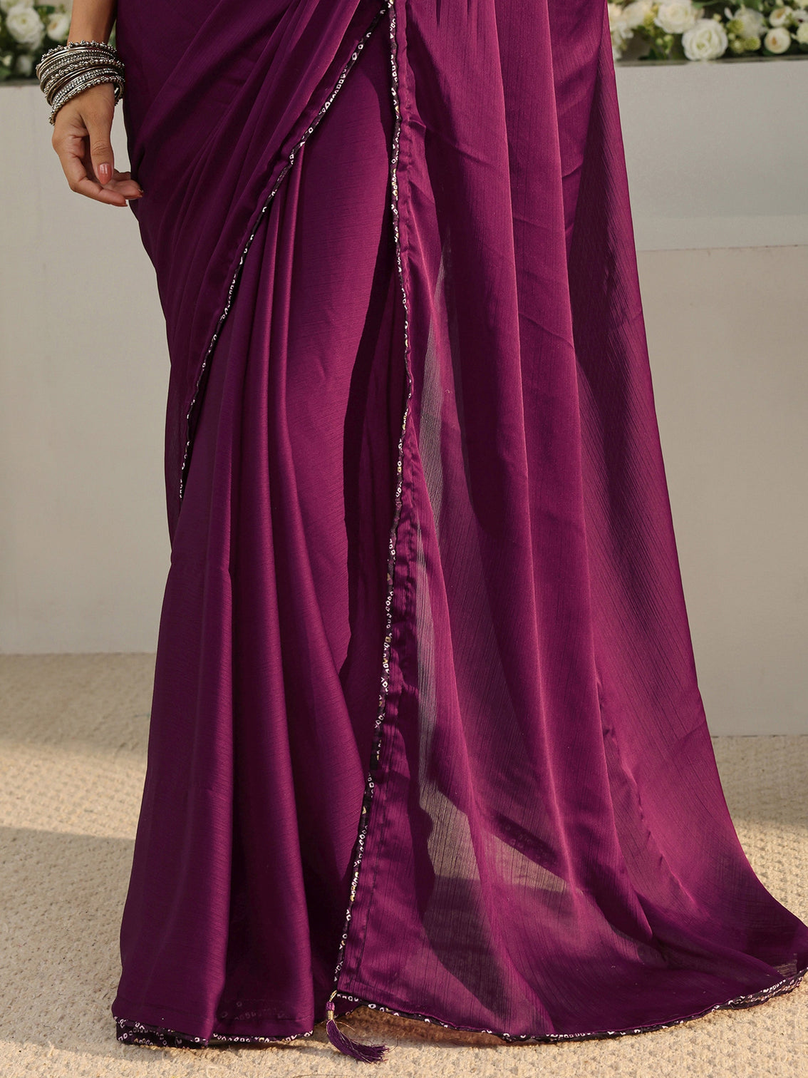 Mameraa Burgundy Solid Chiffon Saree With Unstitched Blouse Piece