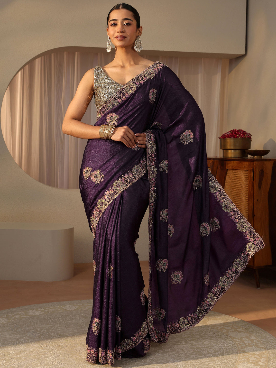 Mameraa Purple Floral Embroidered Glossy Chiffon Saree