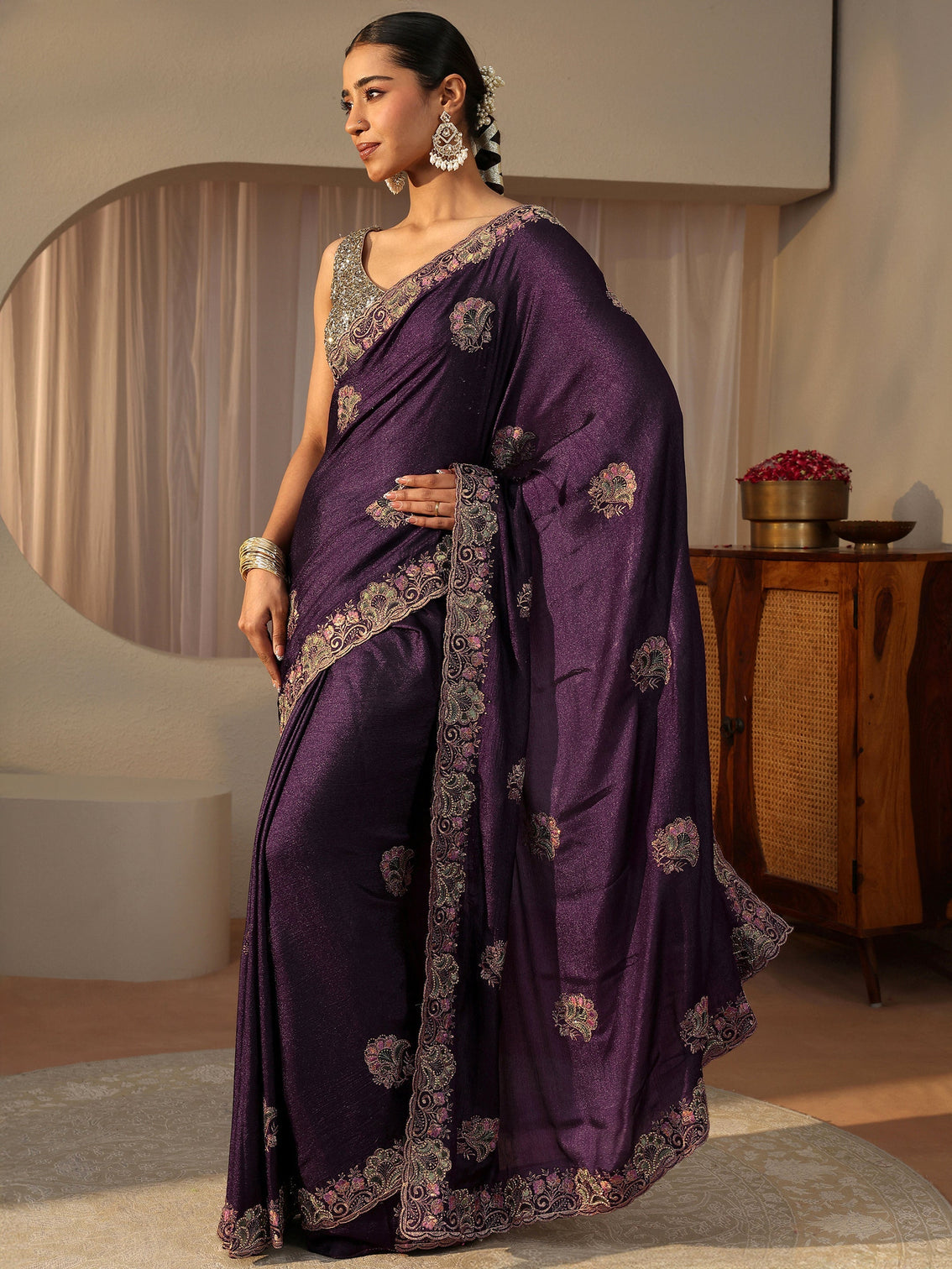 Mameraa Purple Floral Embroidered Glossy Chiffon Saree