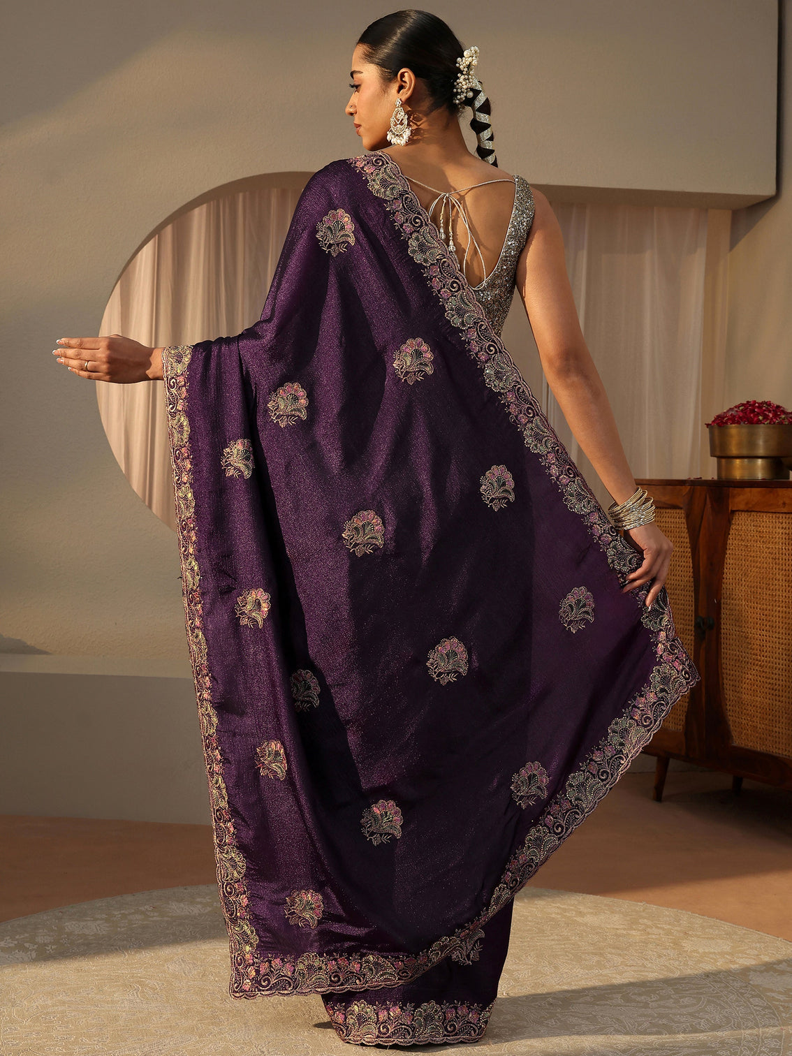 Mameraa Purple Floral Embroidered Glossy Chiffon Saree