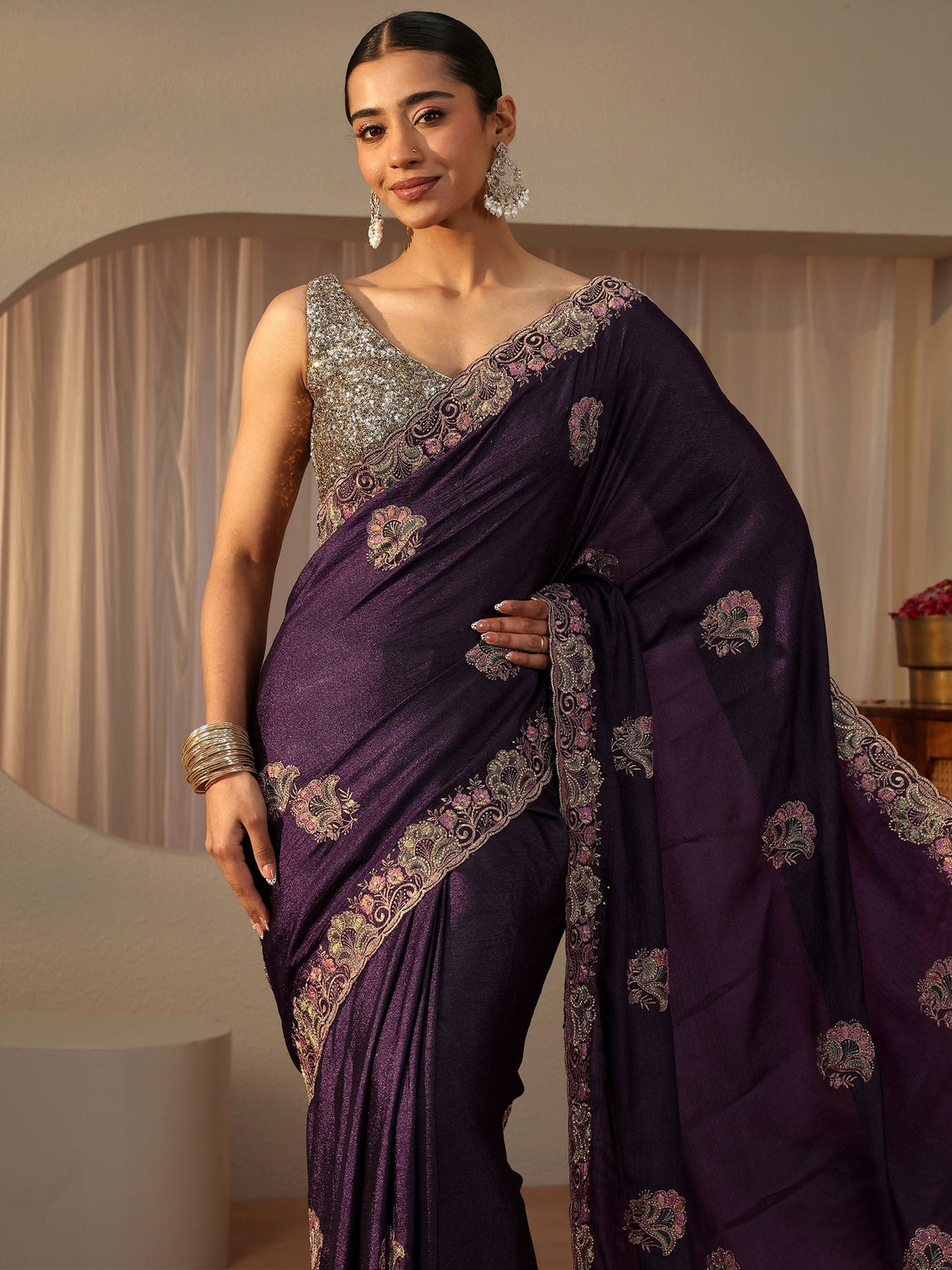 Mameraa Purple Floral Embroidered Glossy Chiffon Saree