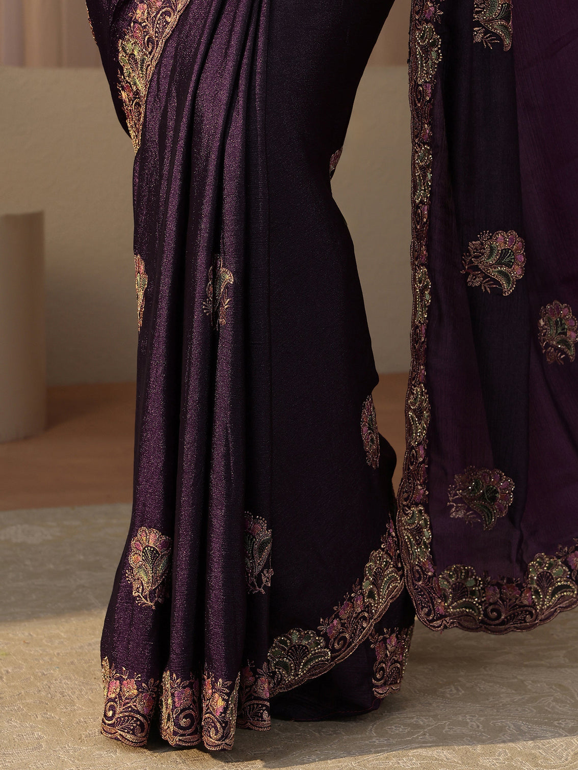 Mameraa Purple Floral Embroidered Glossy Chiffon Saree