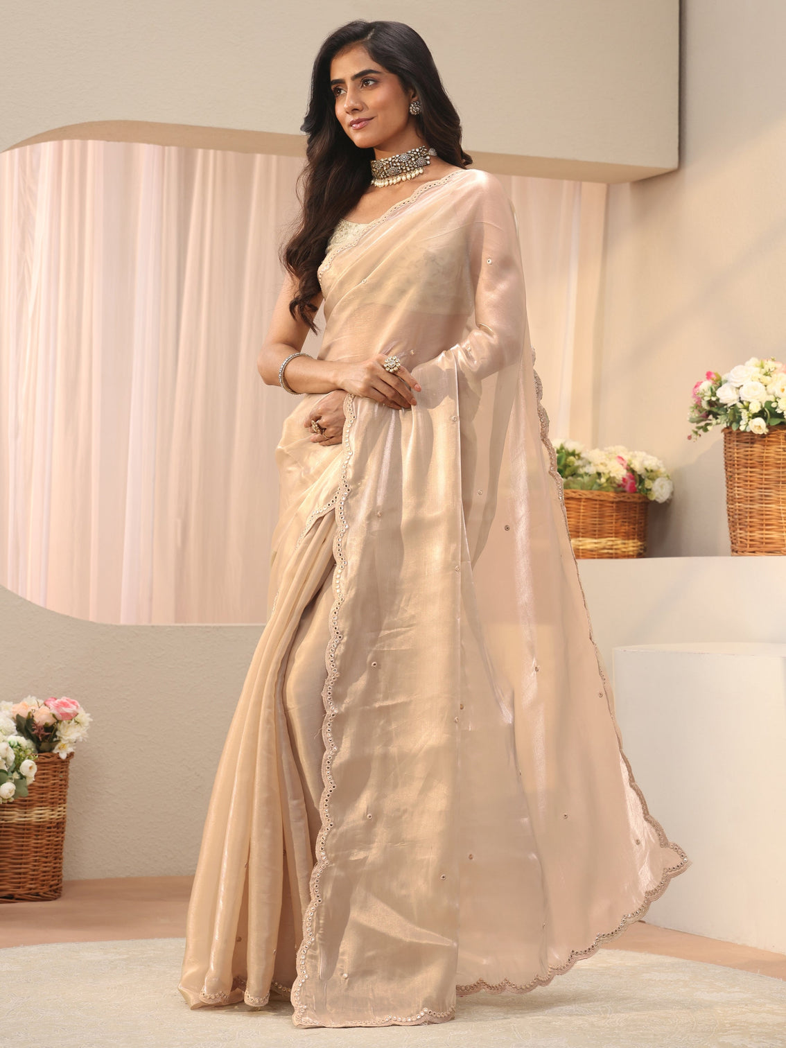 Mameraa Ivory Mirror Work Organza Saree