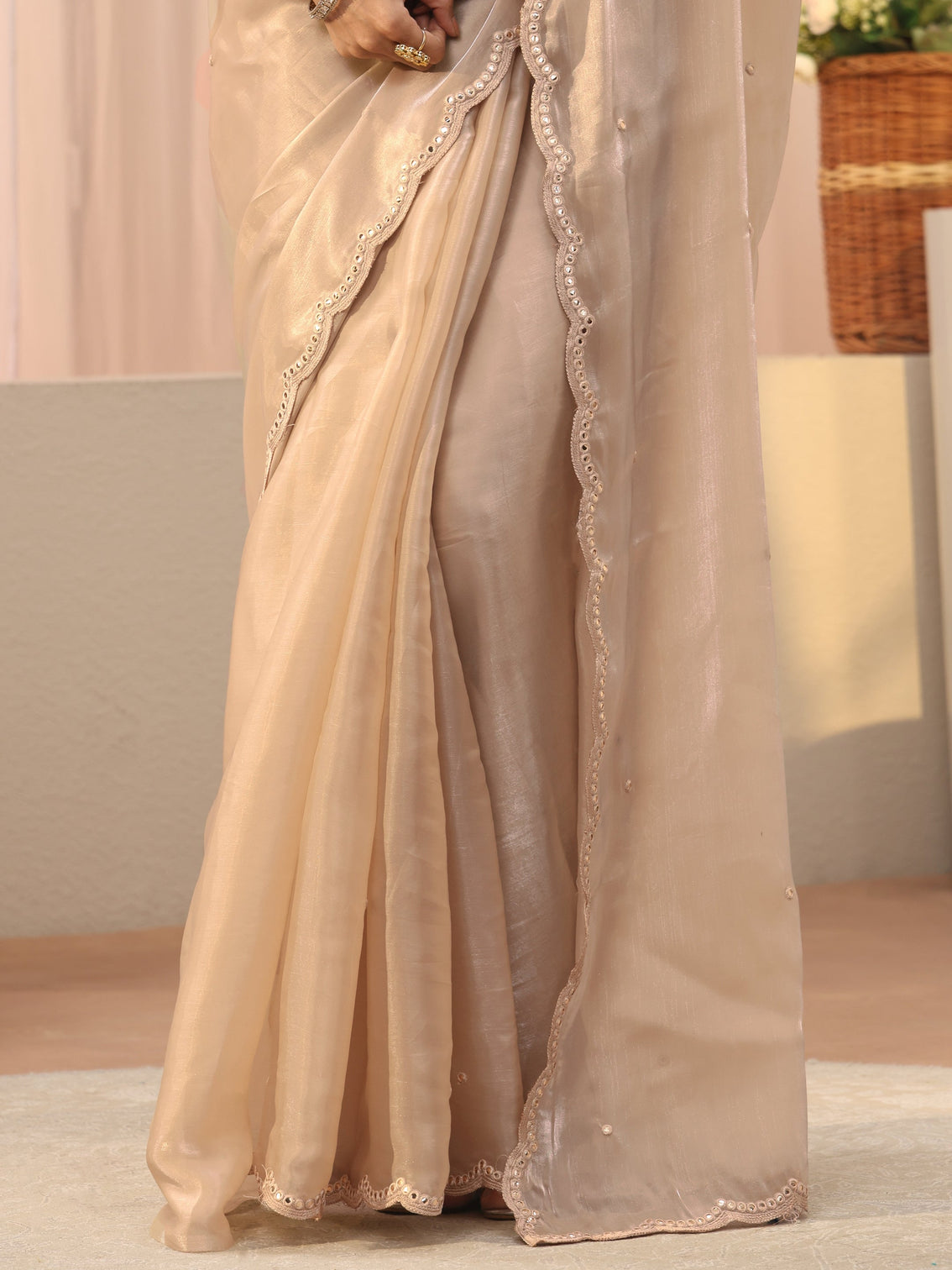 Mameraa Ivory Mirror Work Organza Saree