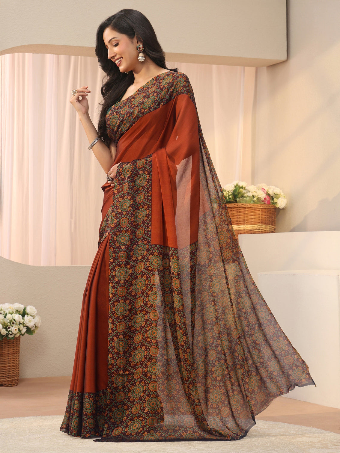 Mameraa Rust Chiffon Saree with Printed Border