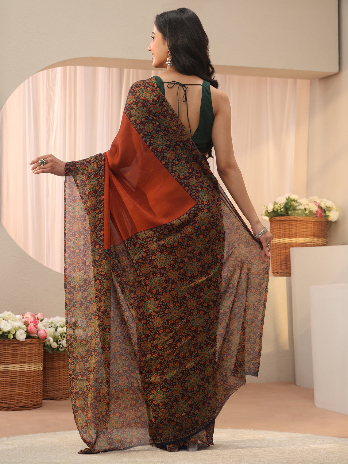 Mameraa Rust Chiffon Saree with Printed Border