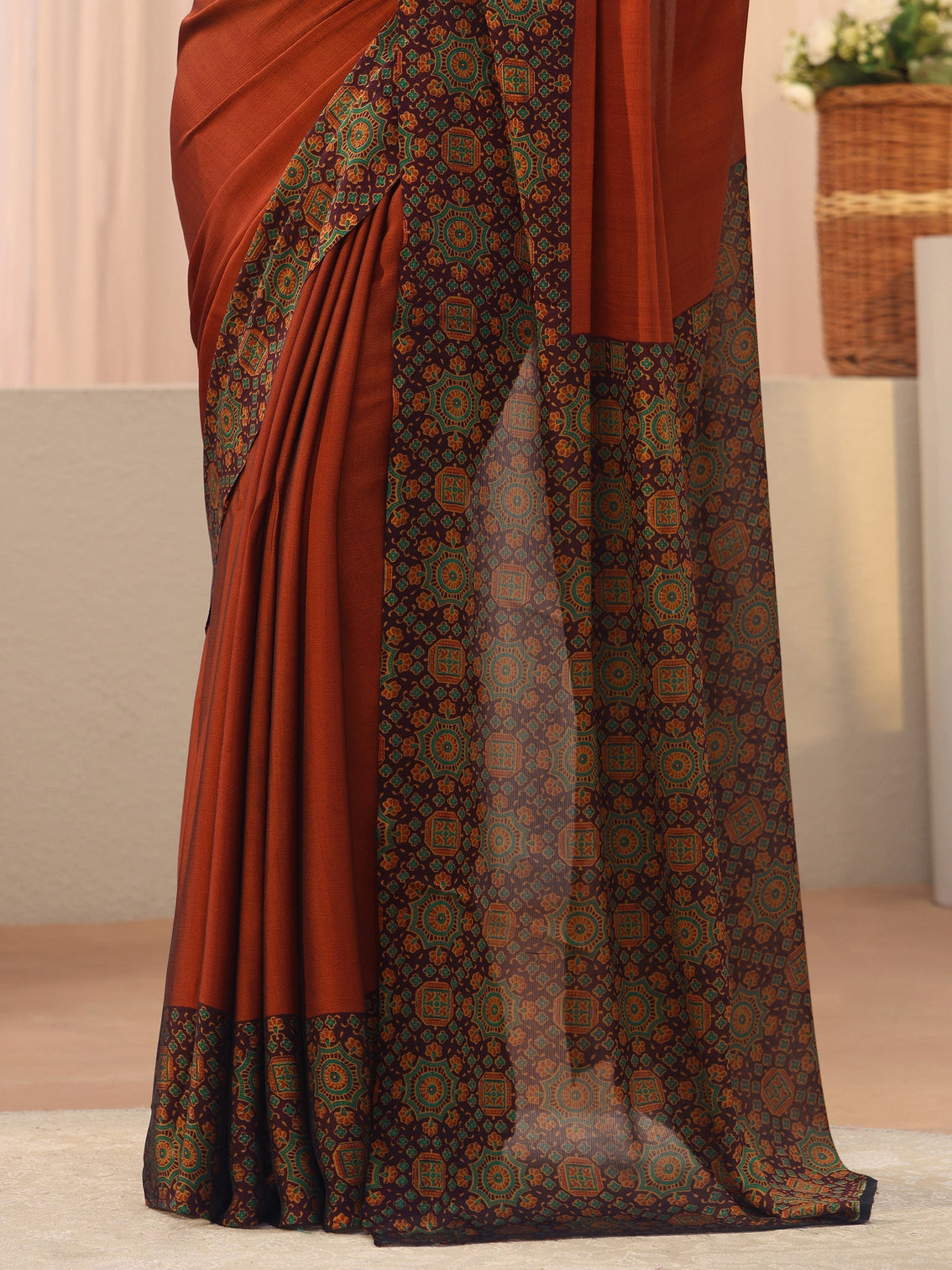 Mameraa Rust Chiffon Saree with Printed Border