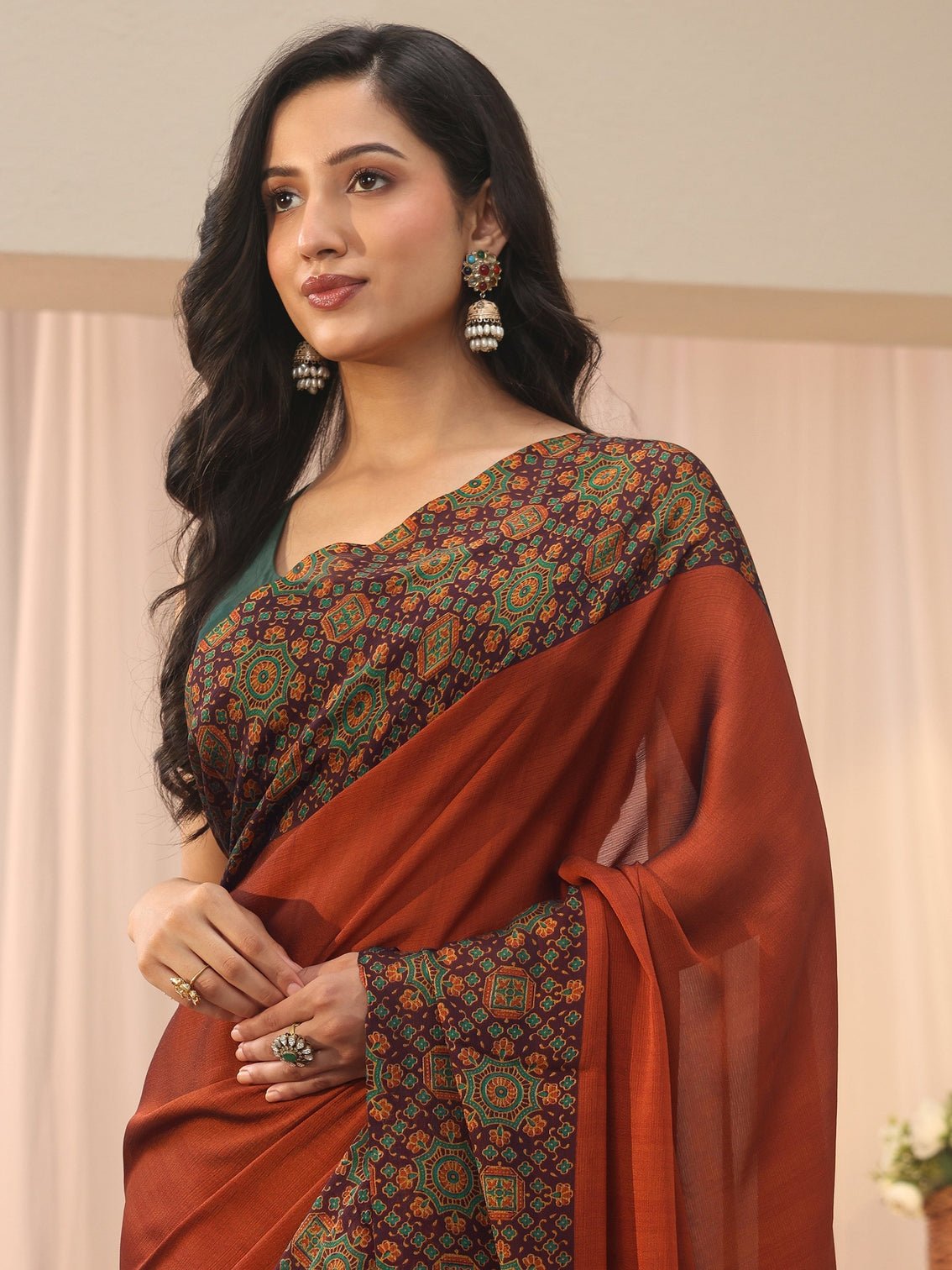 Mameraa Rust Chiffon Saree with Printed Border