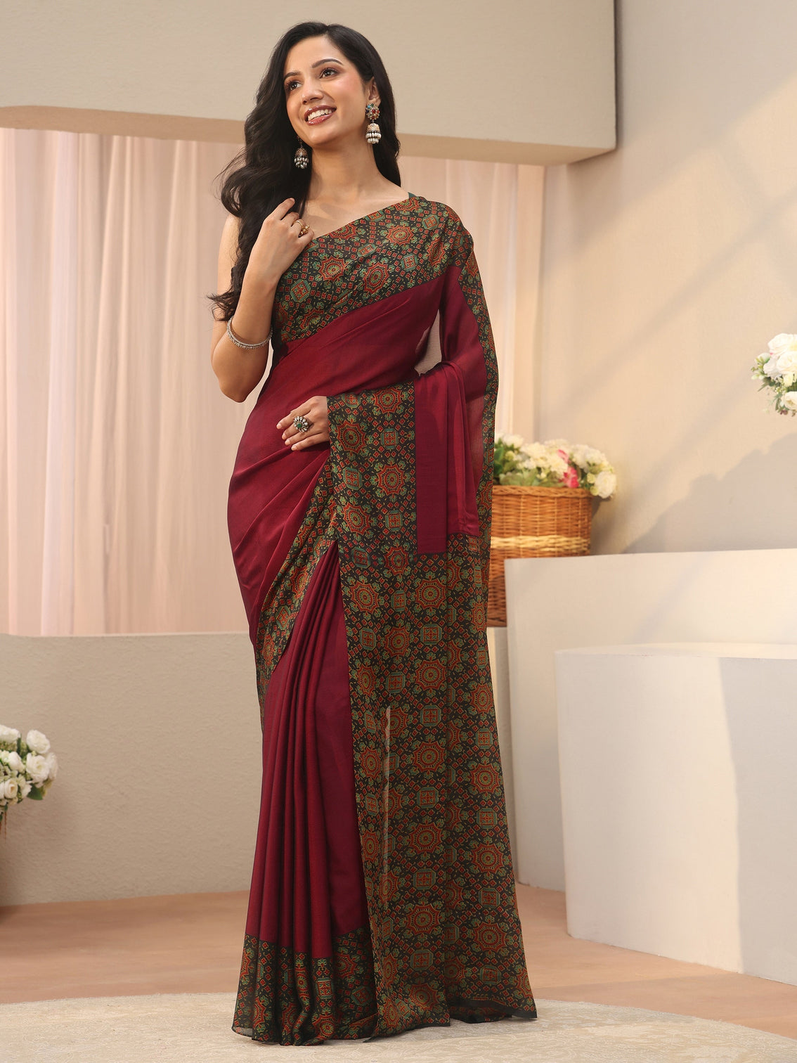 Mameraa Maroon Chiffon Saree with Printed Border