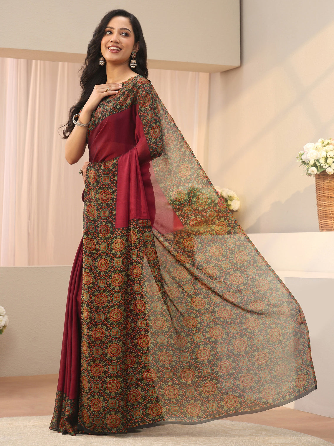 Mameraa Maroon Chiffon Saree with Printed Border