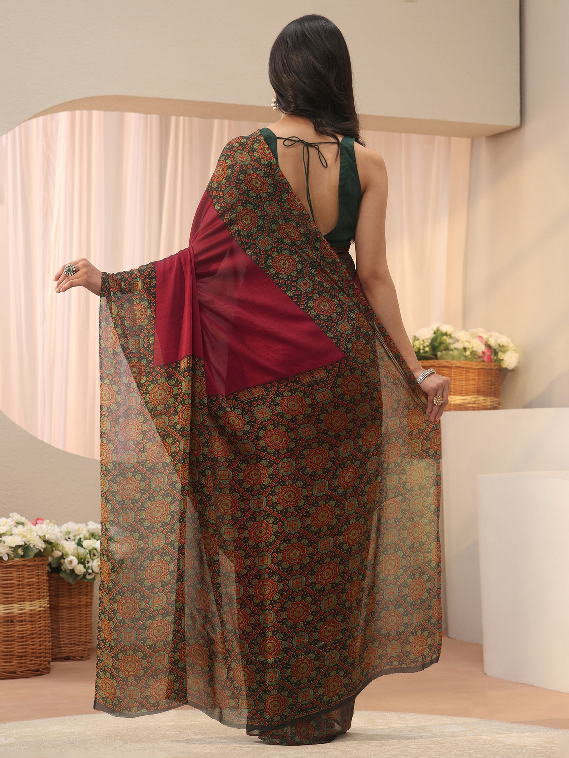Mameraa Maroon Chiffon Saree with Printed Border