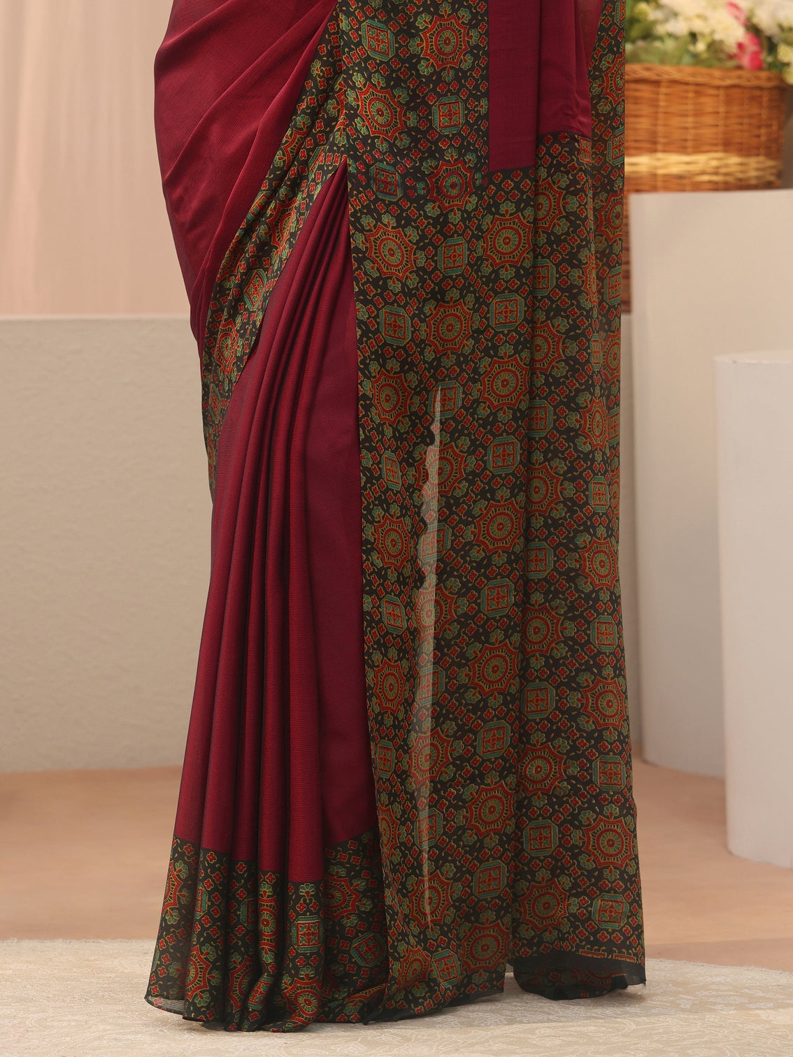 Mameraa Maroon Chiffon Saree with Printed Border