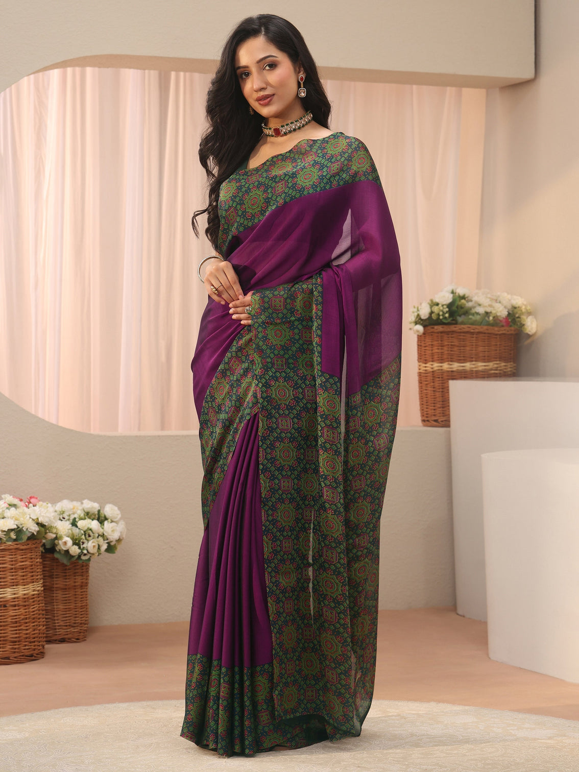Mameraa Burgundy Chiffon Saree with Printed Border