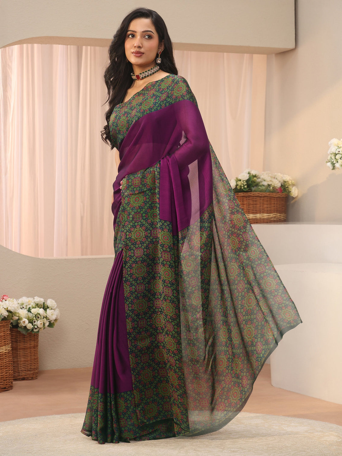 Mameraa Burgundy Chiffon Saree with Printed Border