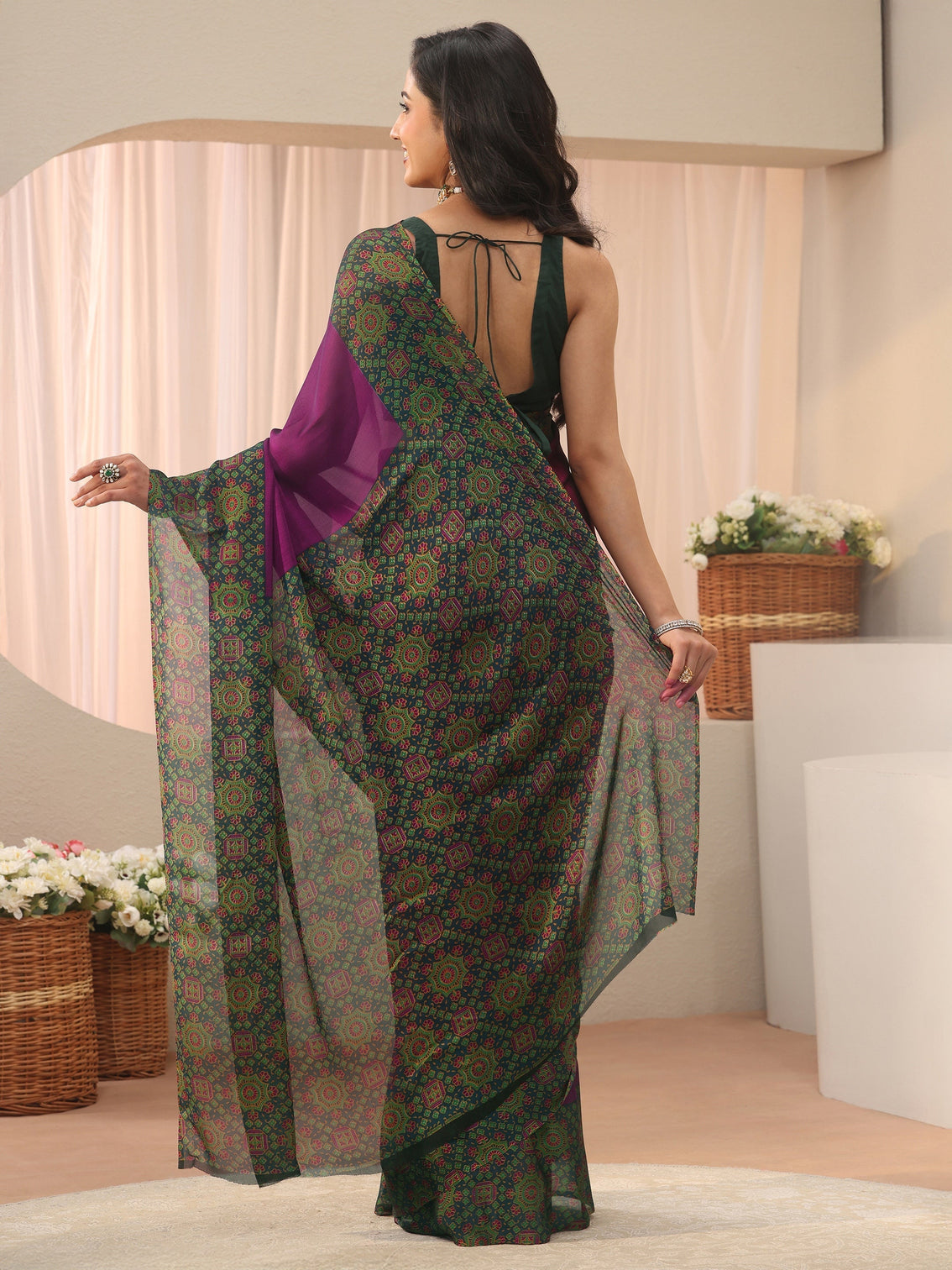 Mameraa Burgundy Chiffon Saree with Printed Border