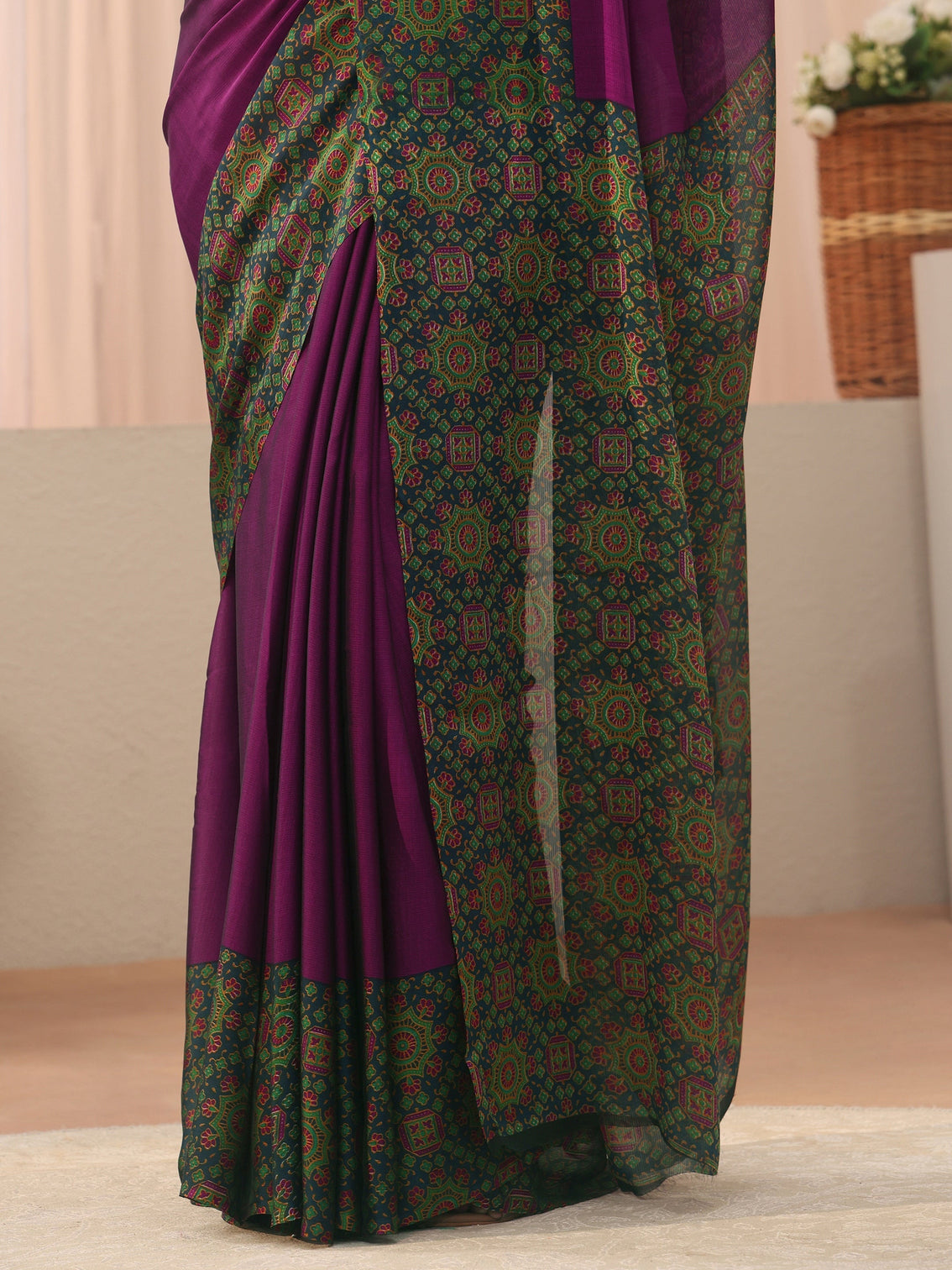 Mameraa Burgundy Chiffon Saree with Printed Border