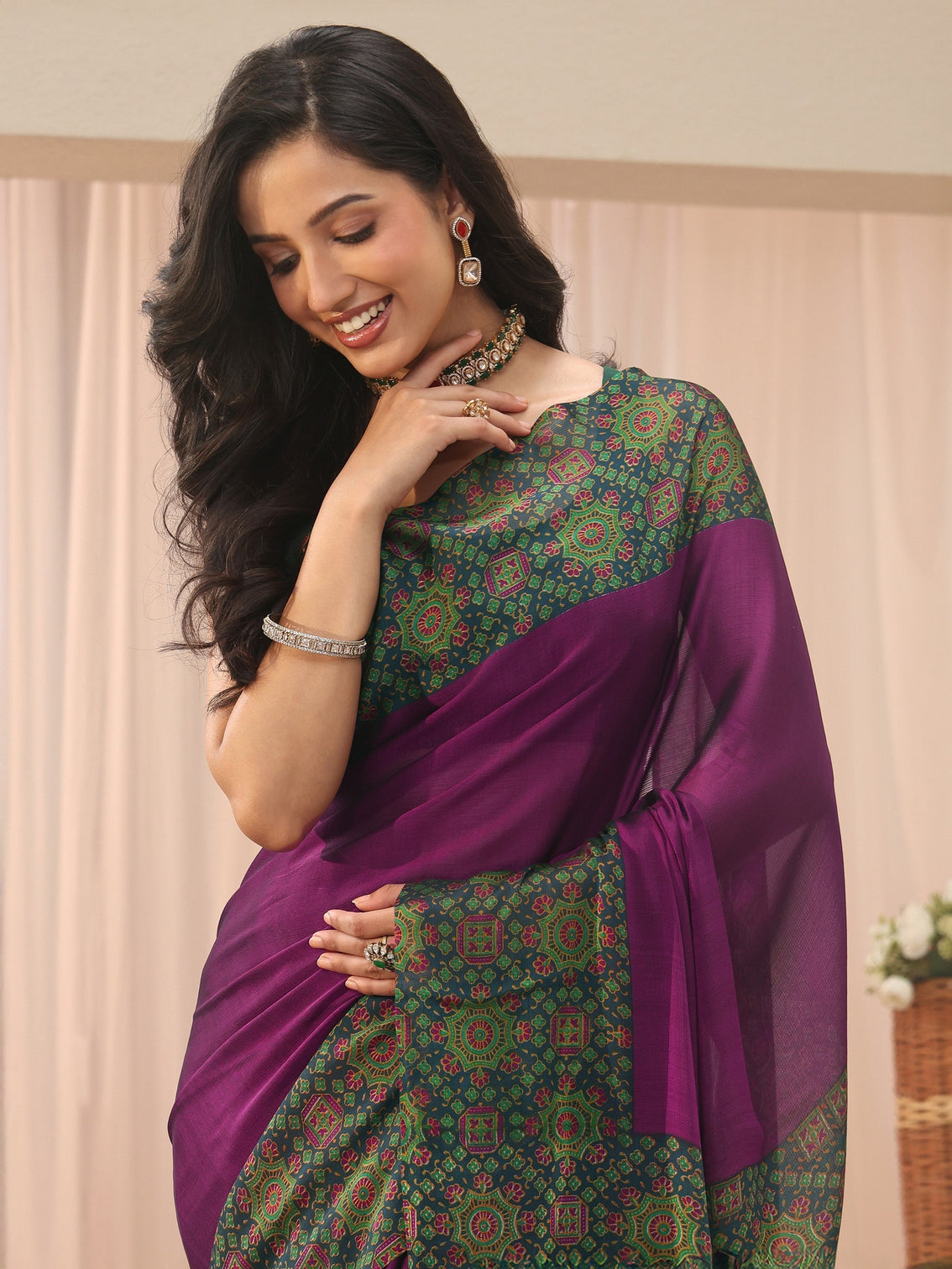 Mameraa Burgundy Chiffon Saree with Printed Border