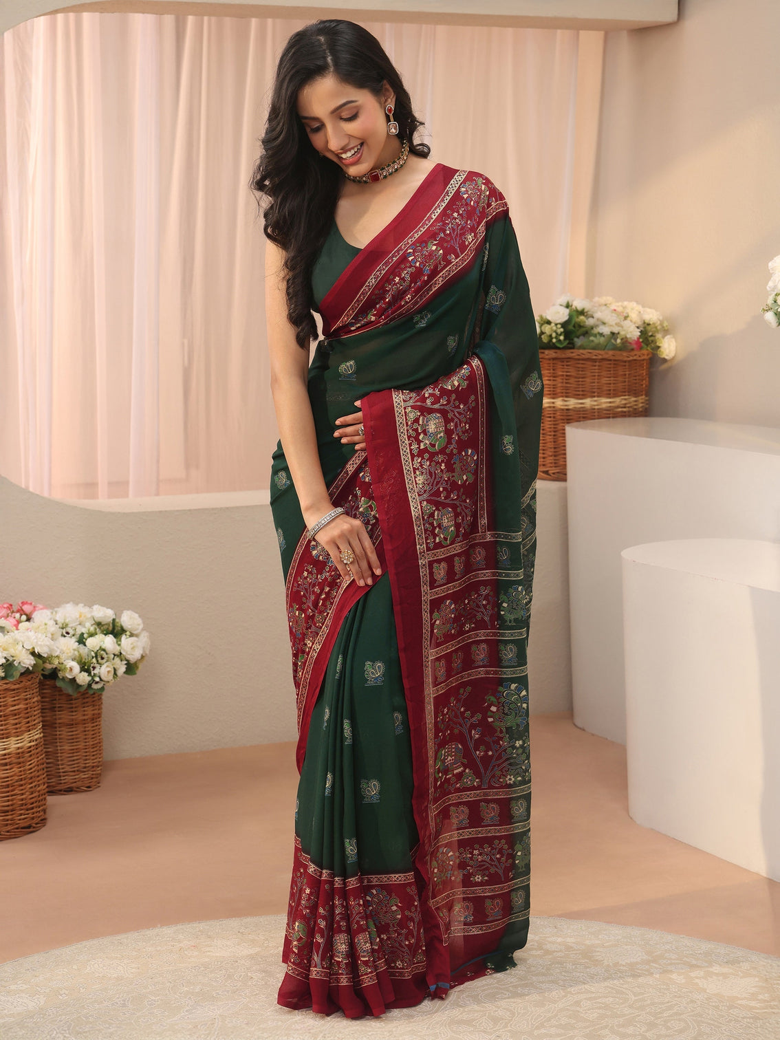 Mameraa Green Ethnic Printed Georgette Saree