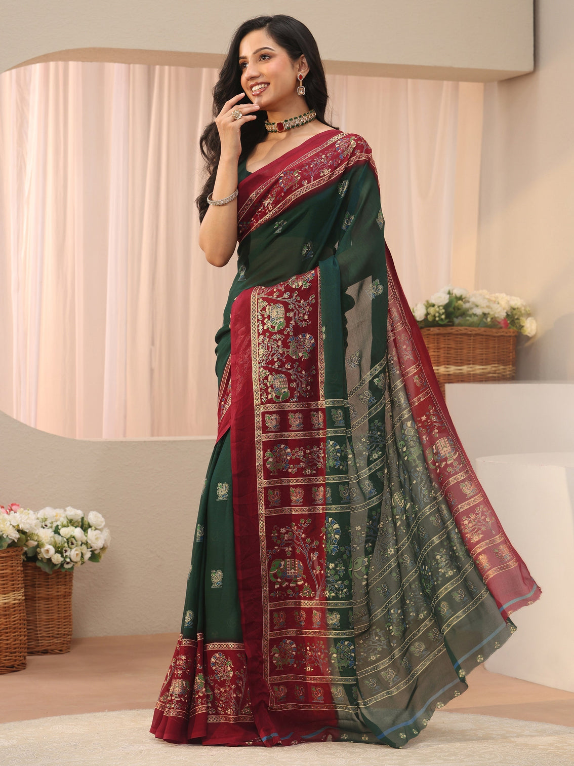 Mameraa Green Ethnic Printed Georgette Saree