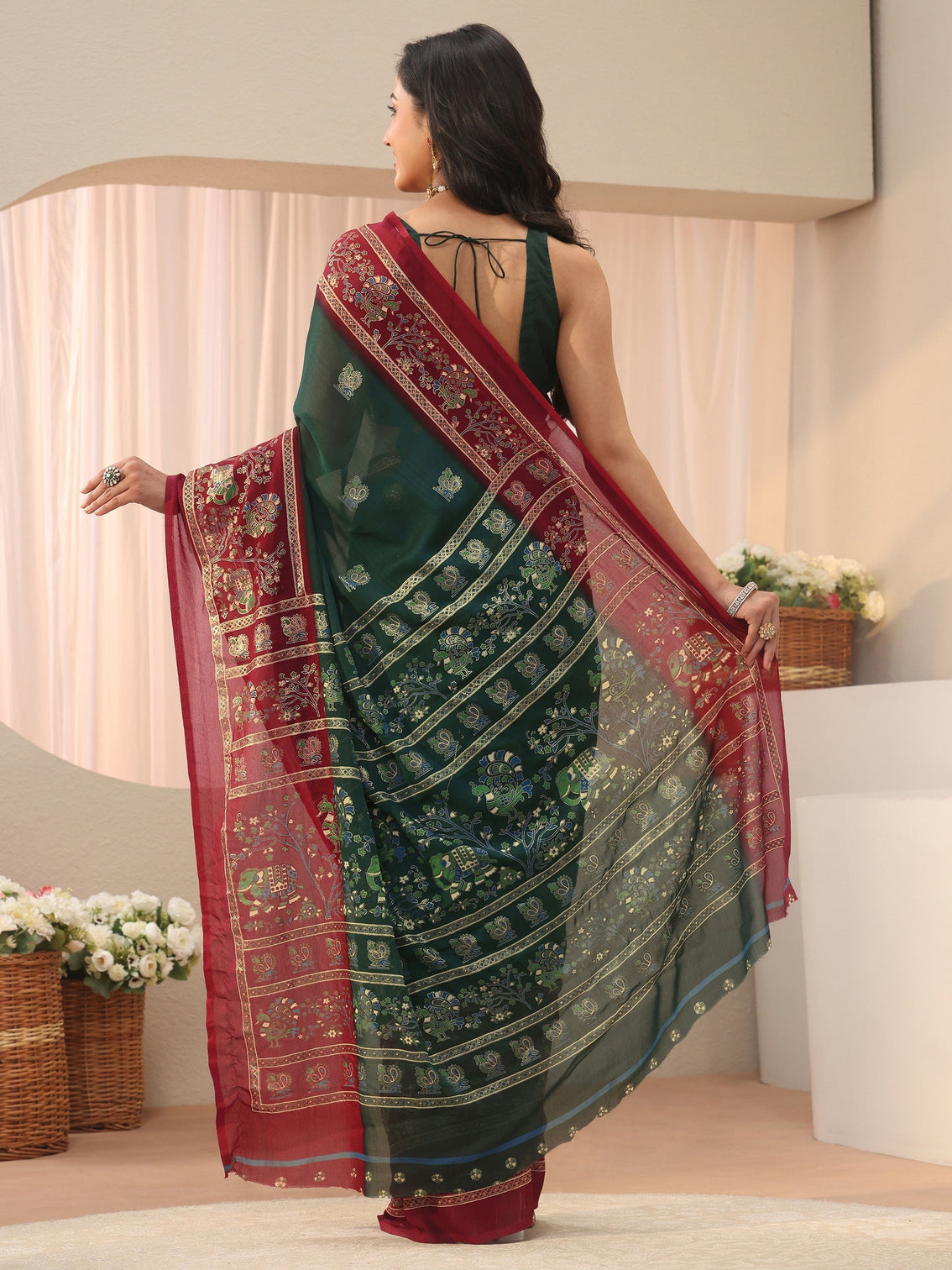 Mameraa Green Ethnic Printed Georgette Saree