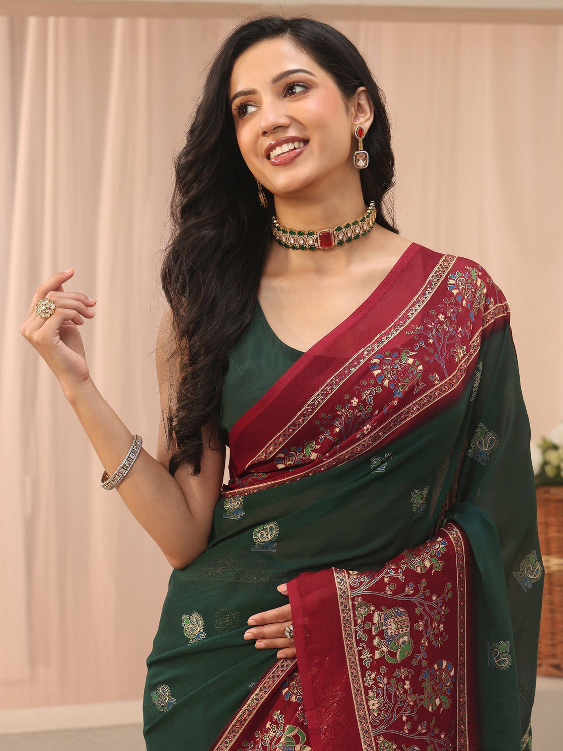 Mameraa Green Ethnic Printed Georgette Saree