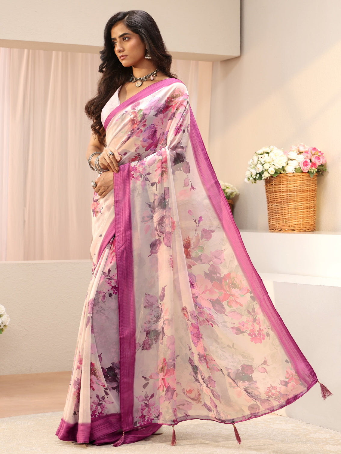 Mameraa Off White Floral Printed Georgette Tassel Saree
