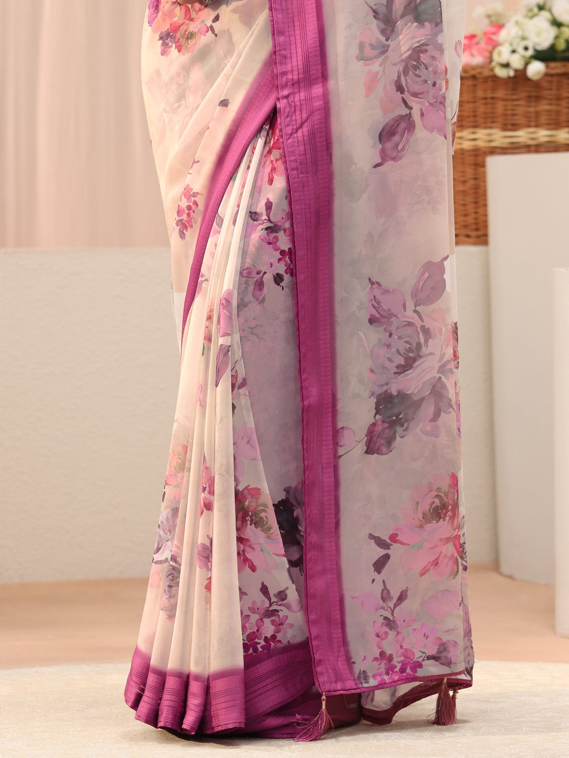Mameraa Off White Floral Printed Georgette Tassel Saree