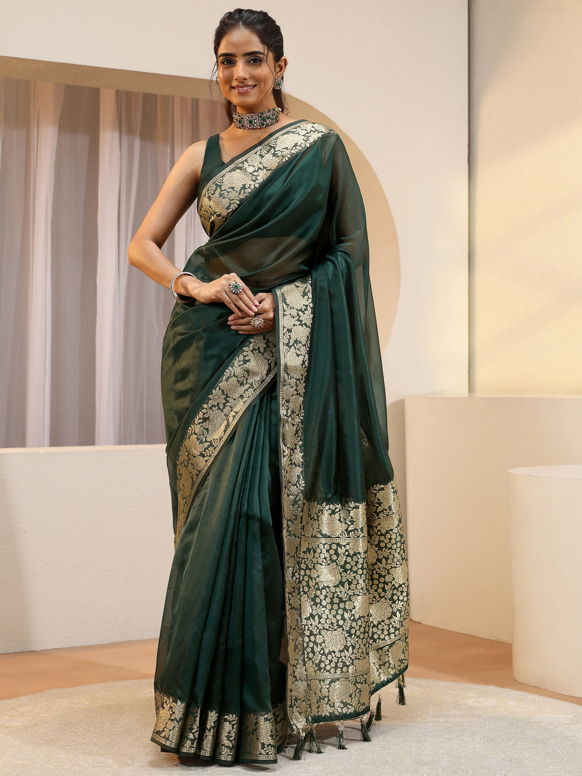 Mameraa Green Silk Blend Tassel Saree