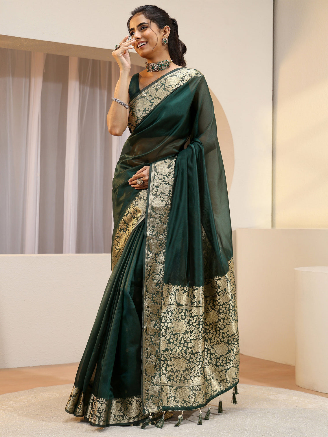Mameraa Green Silk Blend Tassel Saree