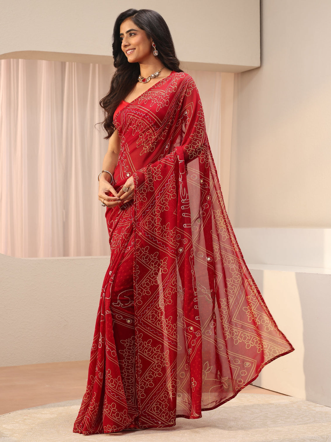 Mameraa Red Bandhani Printed Georgette Saree