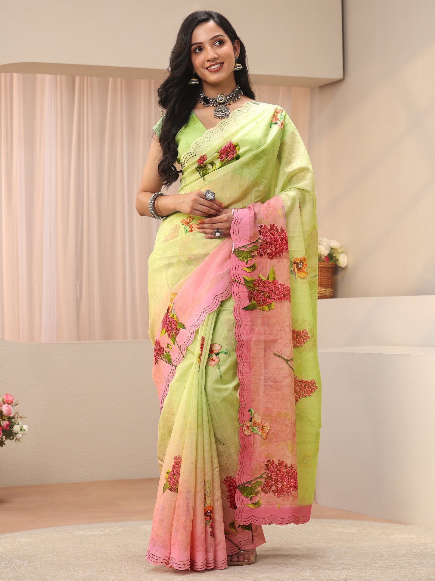 Libas Green Floral Printed Organza Saree