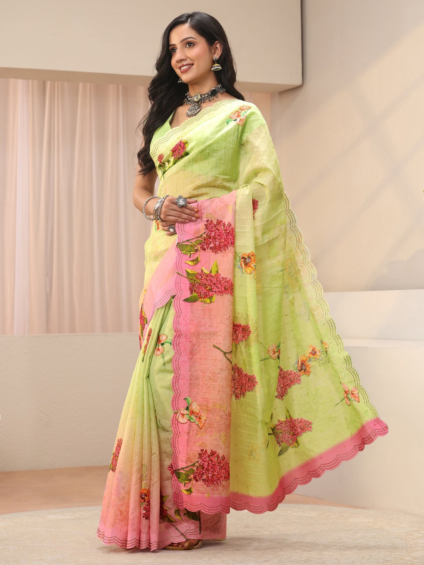 Libas Green Floral Printed Organza Saree