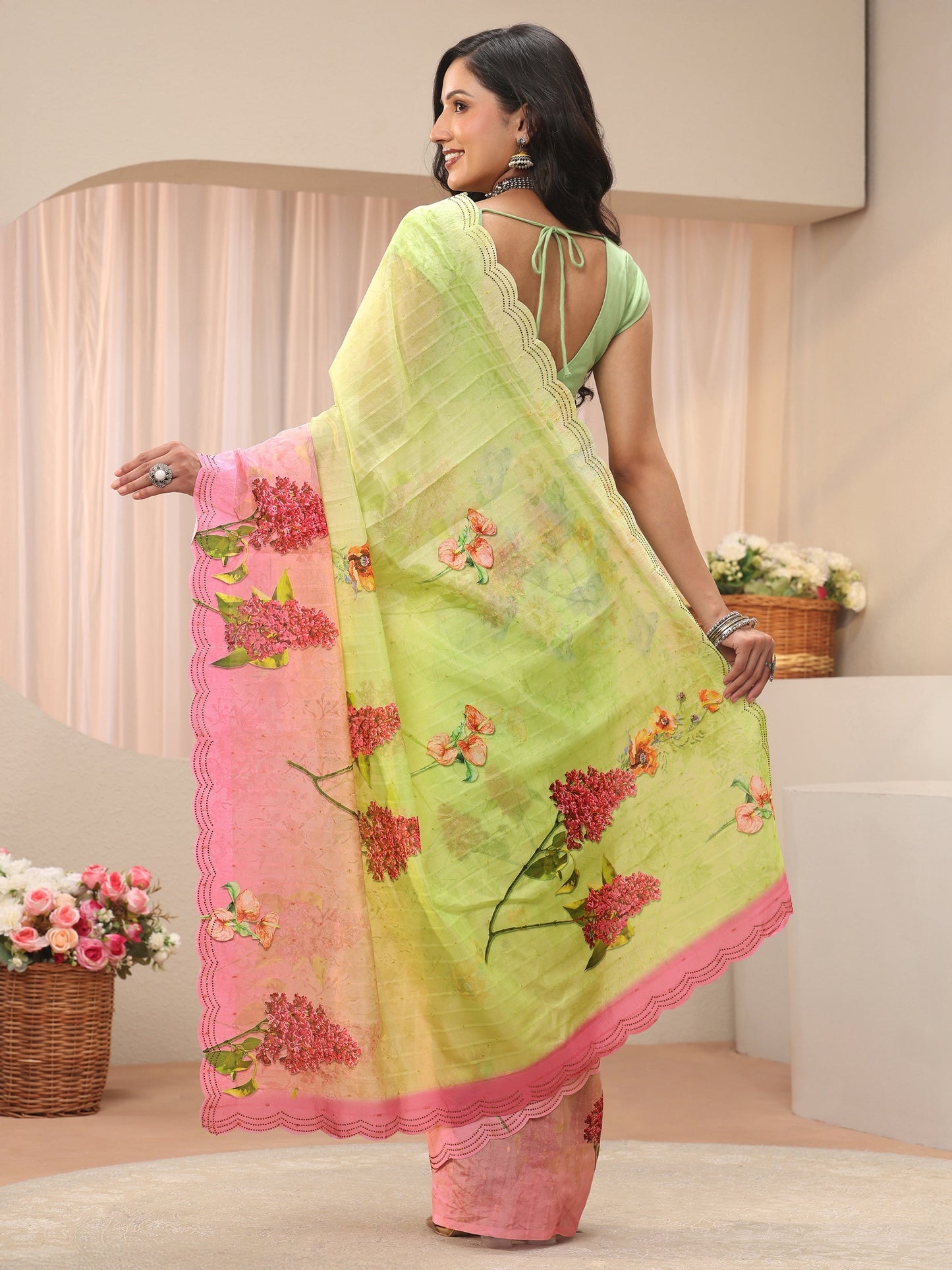 Libas Green Floral Printed Organza Saree