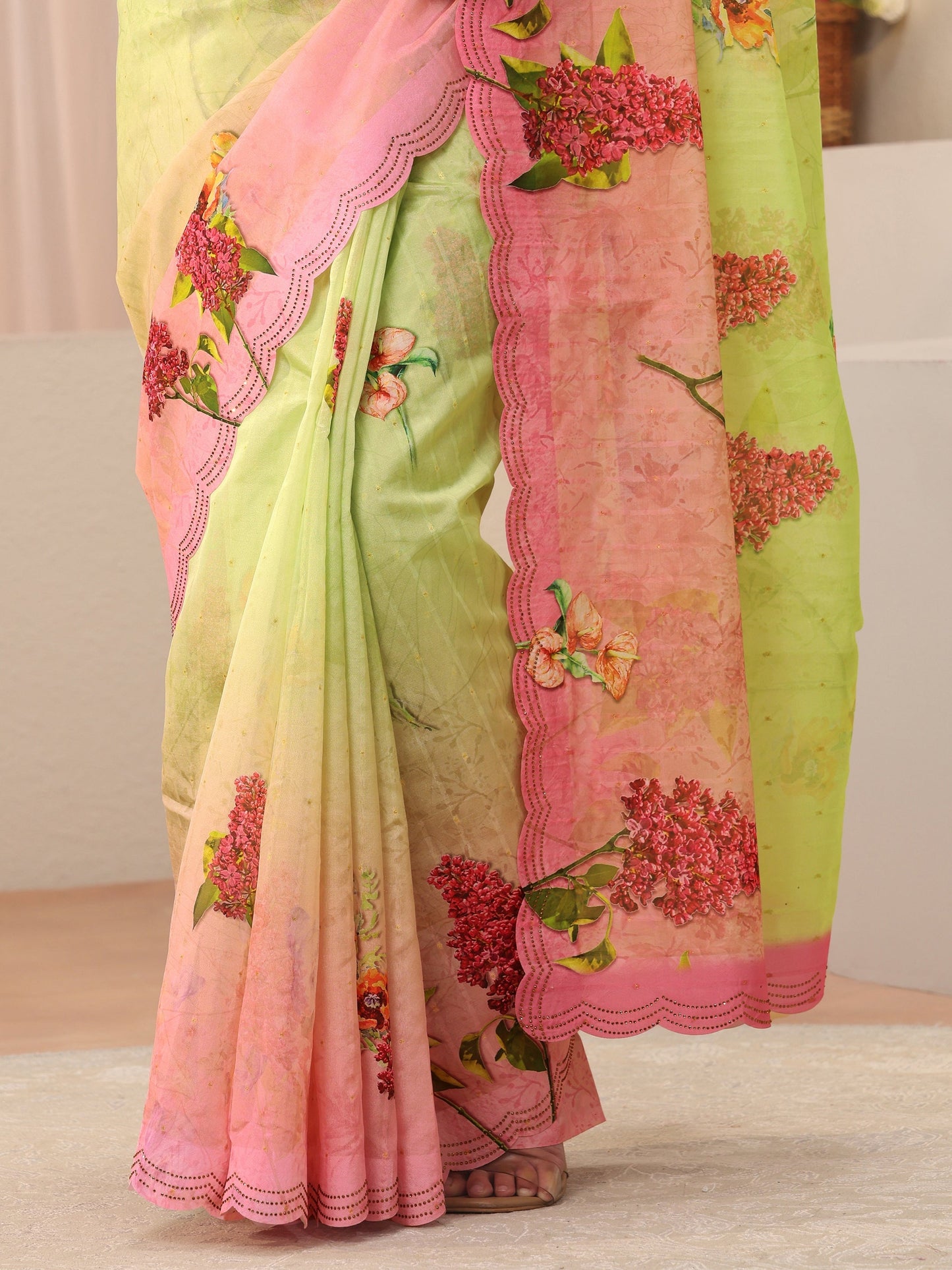 Libas Green Floral Printed Organza Saree