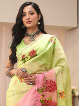 Libas Green Floral Printed Organza Saree