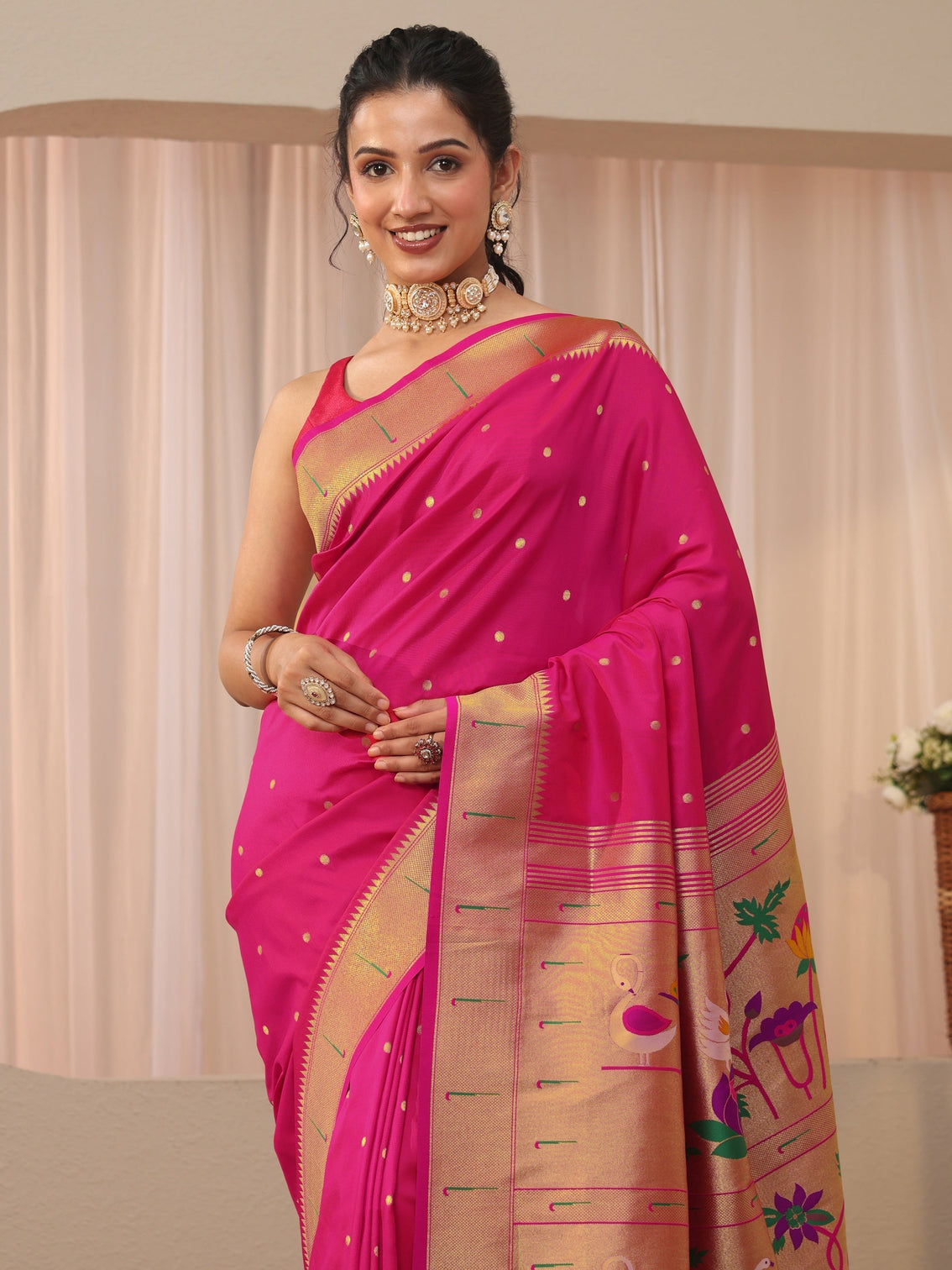 Mameraa Pink Silk Blend Paithani Saree