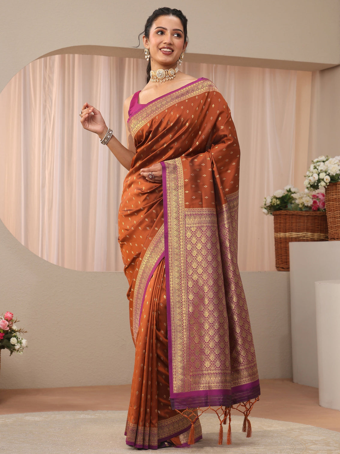 Mameraa Rust Kanjeevaram Silk Blend Saree