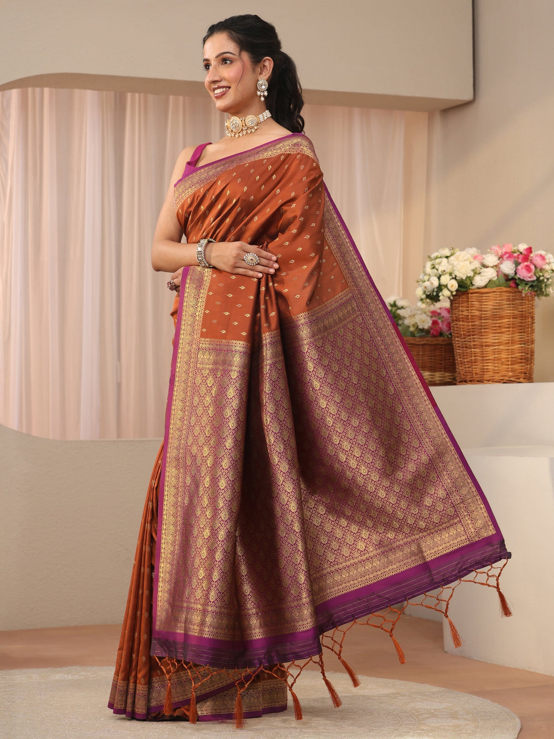 Mameraa Rust Kanjeevaram Silk Blend Saree