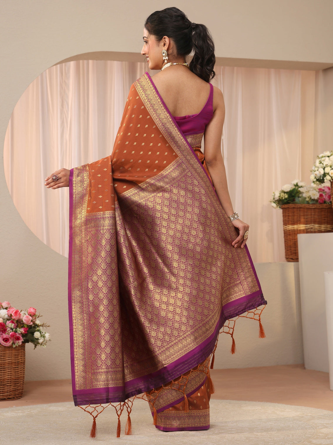Mameraa Rust Kanjeevaram Silk Blend Saree