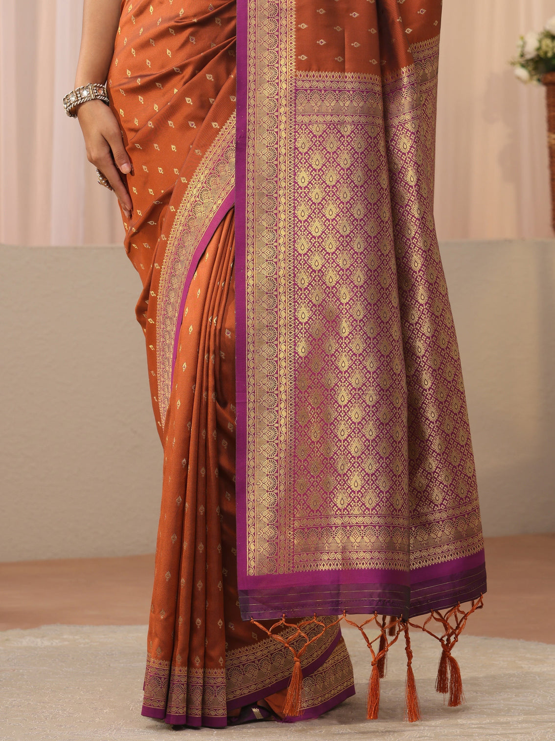 Mameraa Rust Kanjeevaram Silk Blend Saree