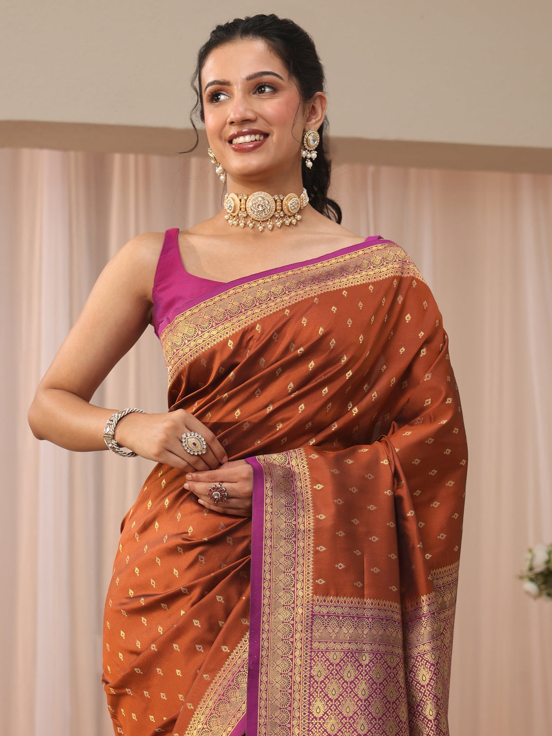 Mameraa Rust Kanjeevaram Silk Blend Saree
