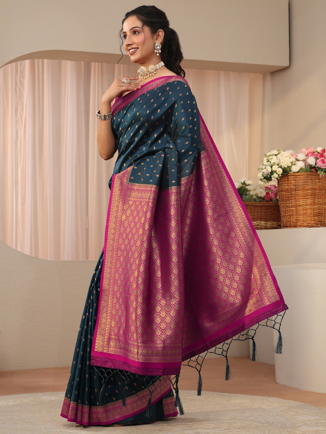 Mameraa Navy Blue Kanjeevaram Silk Blend Saree