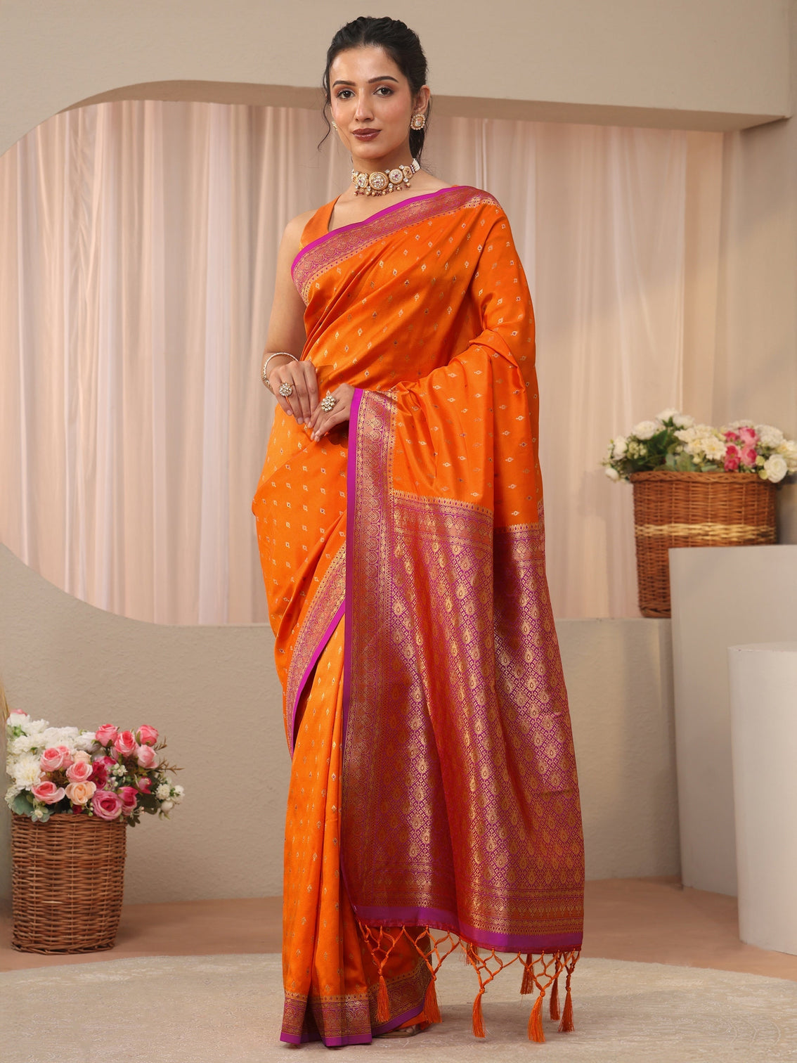 Mameraa Orange Kanjeevaram Silk Blend Saree