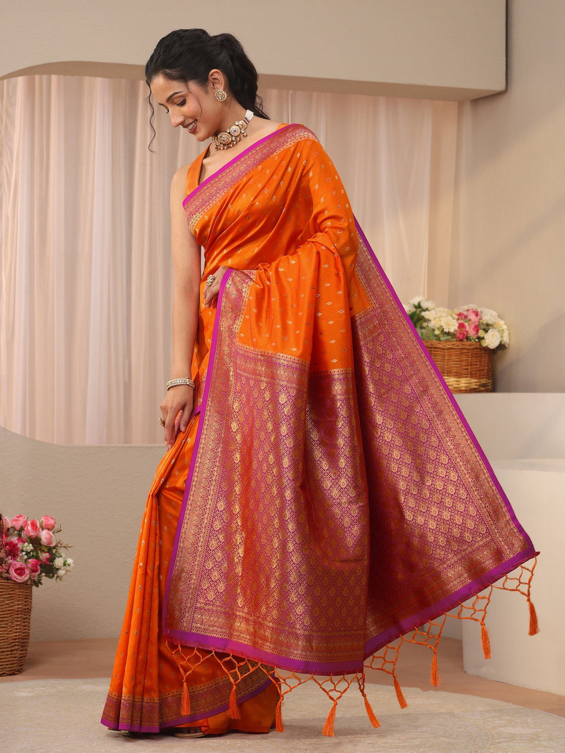 Mameraa Orange Kanjeevaram Silk Blend Saree